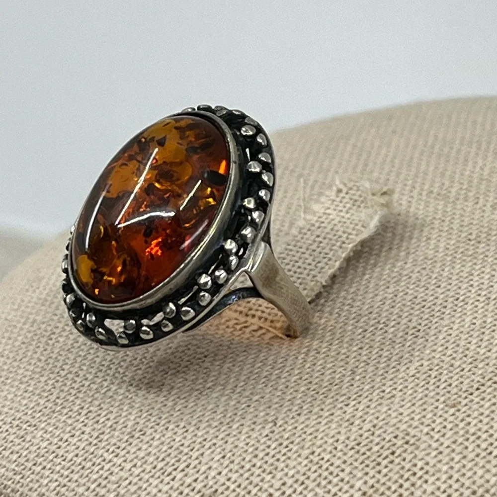Vintage 925 Poland Baltic Amber Sterling Silver Ring, Size 5.5 - Picture 3 of 16